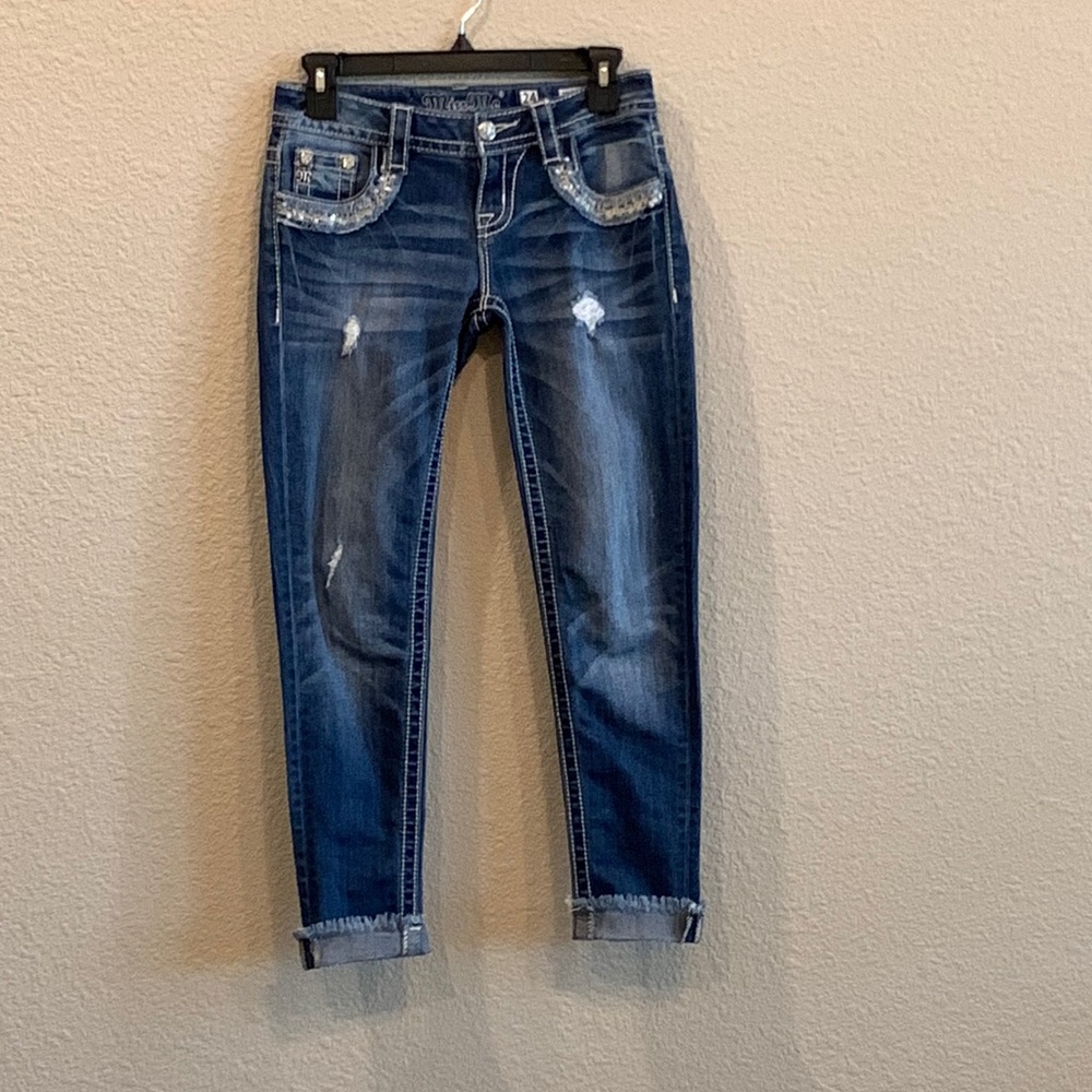 Miss Me blue denim, cropped jeans, skinny fit, size 24, inseam 27